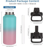 Load image into Gallery viewer, Volhoply 32 oz Water Bottles Bulk 2 Pack with Straw Lid &amp; Spout Lid,Insulated Sports Water Bottle,Double Wall Vacuum Stainless Steel Cups,Leakproof Wide Mouth Metal Flask for Travel(Green Pink,2)
