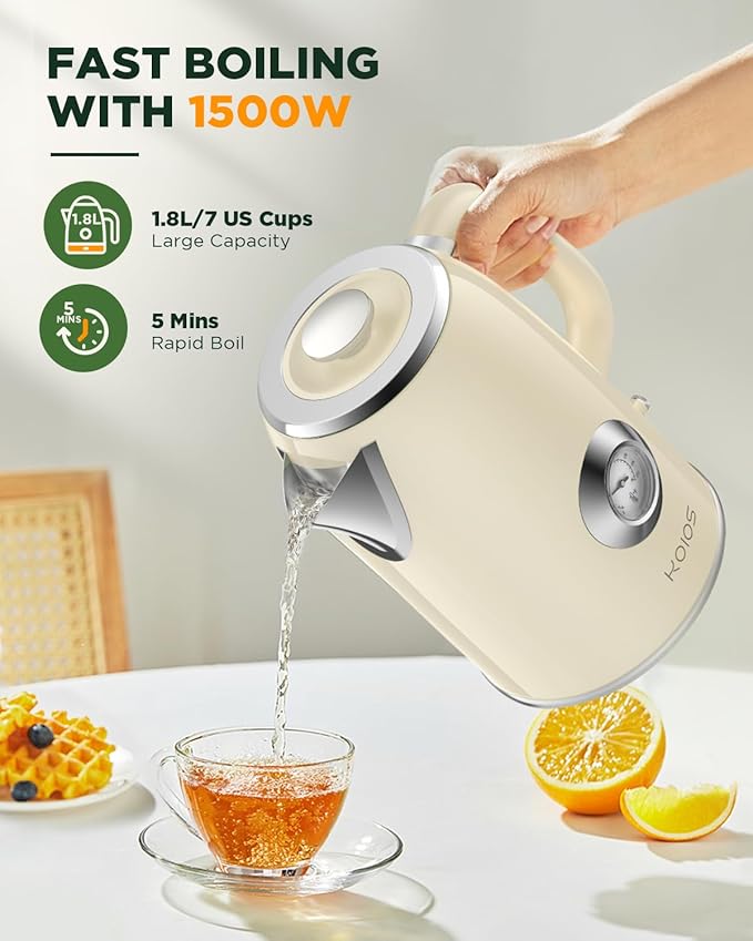 Electric Kettle 1.8L with Temperature Gauge, 1500W Fast Boiling Electric Tea Kettle, 100% Stainless Steel Retro-Style Hot Water Kettle Electric - Glowing LED Light, Auto Shut-Off & Boil-Dry Protection