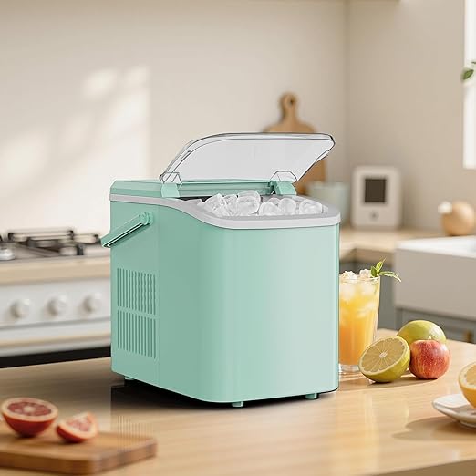 Sweetcrispy Countertop Ice Maker with Scoop, Basket and Handle, Portable Ice Machine 9 Ice Cubes Ready in 6 Mins, 26.5lbs in 24Hrs, 2 Sizes for Home Kitchen Office Bar Party, Green