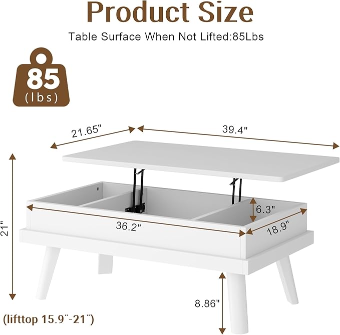 Shintenchi Coffee Table, Lift Top Coffee Table with Hidden Compartment, Rising Tabletop Dining Table, Lift Top Coffee Center Table for for Living Room, Office, Home (White)