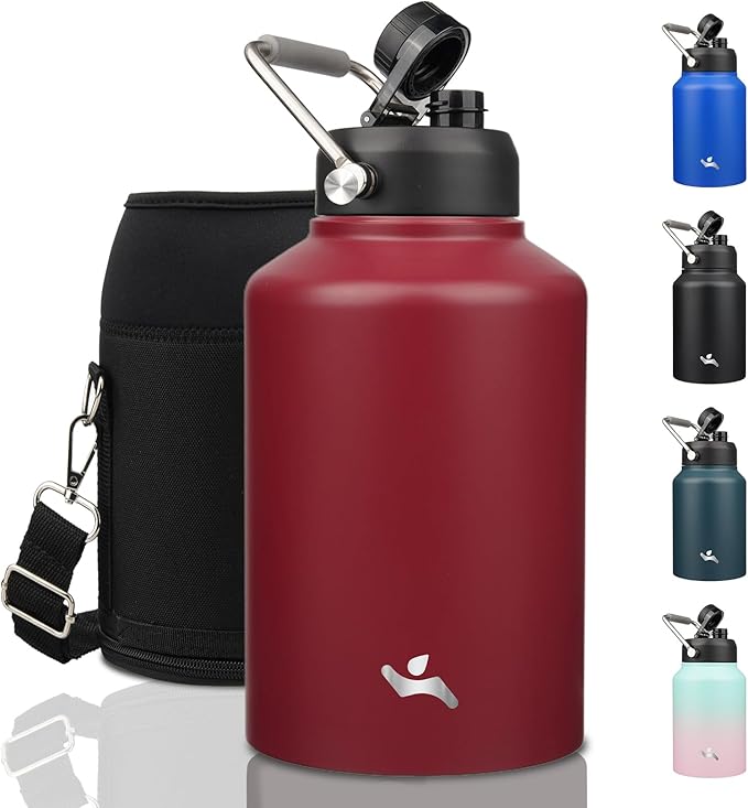 1 Gallon Jug with Handle,128 oz Insulated Water Bottle with Carrying Pouch, Double Wall Vacuum Stainless Steel Metal Bottle,Dark red