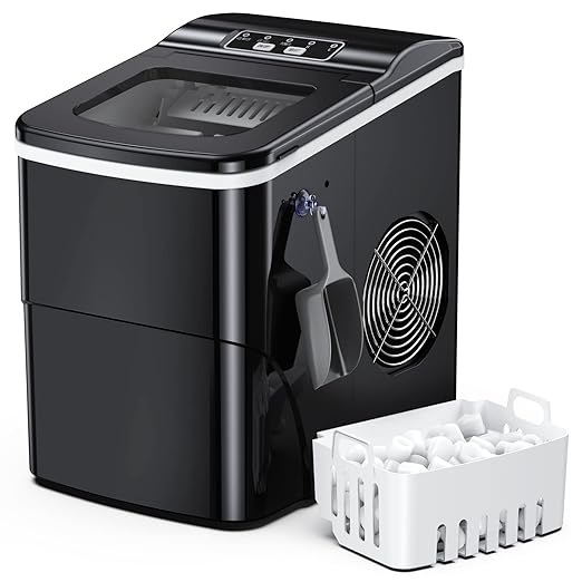 Counter top Ice Maker Machine, 26Lbs/24H Self-Cleaning Ice Makers Countertop, 9 Cubes Ready in 6mins Portable Ice Cube Maker with Ice Scoop Basket, Hook for Home Camping Party (Black)