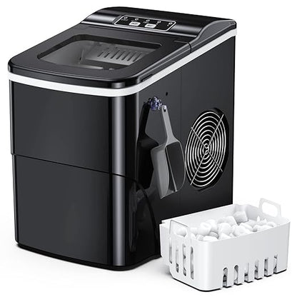 Counter top Ice Maker Machine, 26Lbs/24H Self-Cleaning Ice Makers Countertop, 9 Cubes Ready in 6mins Portable Ice Cube Maker with Ice Scoop Basket, Hook for Home Camping Party (Black)