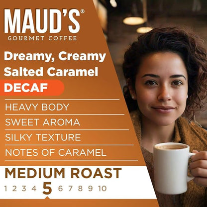 Maud's Decaf Salted Caramel Flavored Coffee Pods, 18 ct, Decaffeinated Medium Roast Flavored Coffee in Recyclable Single Serve Pods – 100% Arabica Beans, Compatible with Keurig K Cups Maker