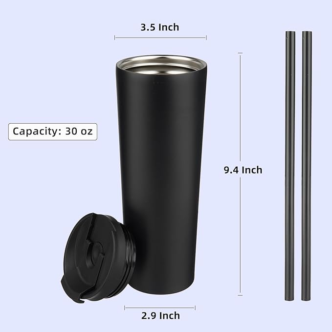 30 OZ Insulated Tumbler with Lid and 2 Straws Stainless Steel Water Bottle Vacuum Travel Mug Coffee Cup,Black