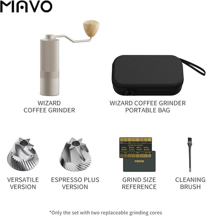 MAVO Manual Coffee Grinder, Wizard Hand Coffee Grinder, Capacity 25g with 2PCS CNC Stainless Steel Conical Burr -Pentagon and Hexagonal, Burr Coffee Bean Grinder for French Press, Pour Over, Silver