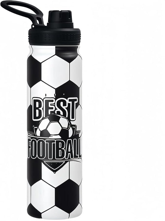 Soccer Water Bottle, 24 oz Insulated Stainless Steel Sports Bottle with Straw, Soccer Stuff Gifts for Boys