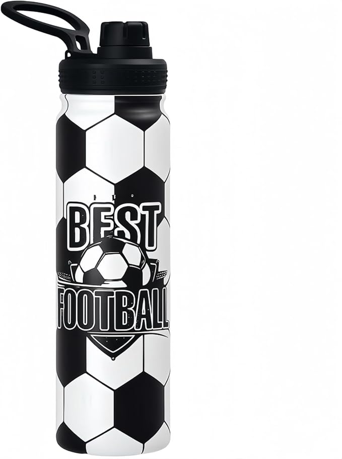 Soccer Water Bottle, 24 oz Insulated Stainless Steel Sports Bottle with Straw, Soccer Stuff Gifts for Boys