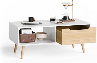 Cozy Castle Modern Coffee Table, Wooden Cocktail Table with Storage, Minimalist Hallway Table, Mid Century Modern Coffee Table for Living Room Apartment Reception, White