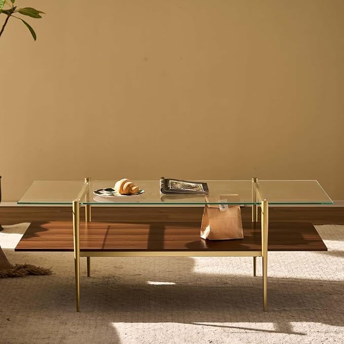 AGV LIGHTING Tadio Large Glass Coffee Table, Mid-Century Modern Coffee Table for Living Room, Gold Finish Leg, Clear Glass Top & Walnut Brown Shelf, 47 in