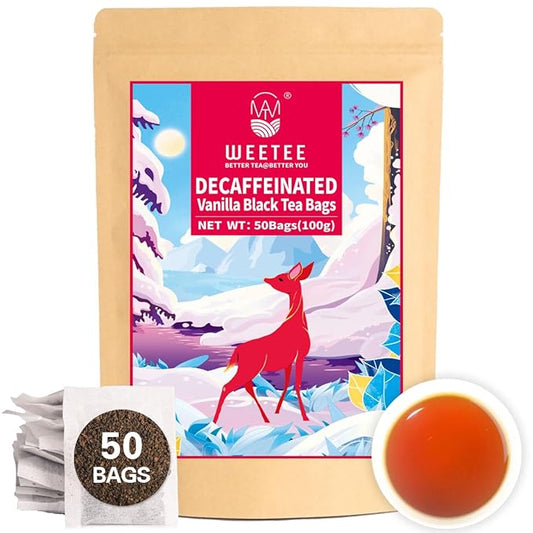 WT WEETEE Decaf Black Tea with Vanilla Flavor, 50 Count Decaffeinated Vanilla Black Teabags, CO2-Decaffeinated Black Tea | Drink All Day | Resealable Kraft Bag