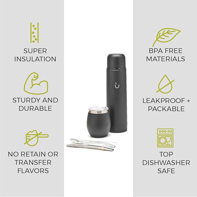 BALIBETOV Complete Yerba Mate Set - Modern Mate Gourd, Thermal Flask, Bombilla and Cleaning Brush Included - All Premium Quality 304 18/8 Stainless Steel (Full Black)