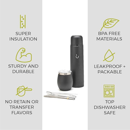 BALIBETOV Complete Yerba Mate Set - Modern Mate Gourd, Thermal Flask, Bombilla and Cleaning Brush Included - All Premium Quality 304 18/8 Stainless Steel (Full Black)