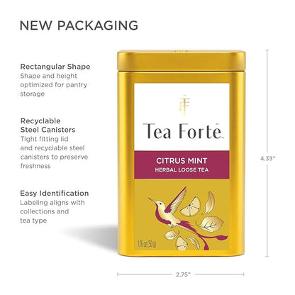 Tea Forte Citrus Mint Premium Loose Leaf Caffeine-Free Herbal Tea Blend Canister, Makes 35-50 Cups