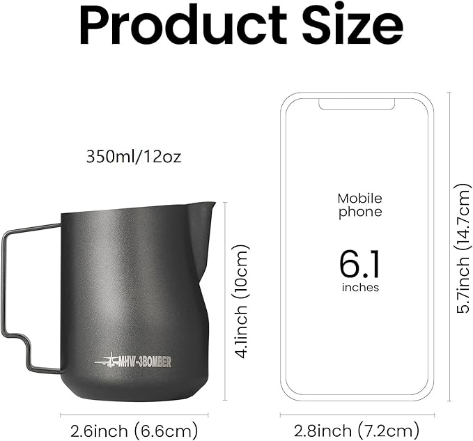 MHW-3BOMBER Milk Frothing Pitcher 12oz/350ml Milk Frother Cup Espresso Steaming Pitcher Stainless Steel Milk Frother Cup Barista Latte Art Round Spout Latte Art Pitcher P7121S