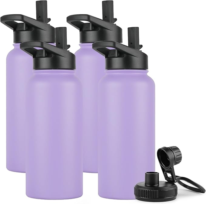 DOMICARE 32 oz Insulated Water Bottle Bulk, Vacuum Insulated Stainless Steel Sports Water Bottle with Straw Lid & Spout Lid, Leakproof, Reusable - Travel, Camping, Bike, Purple (4 Pack)