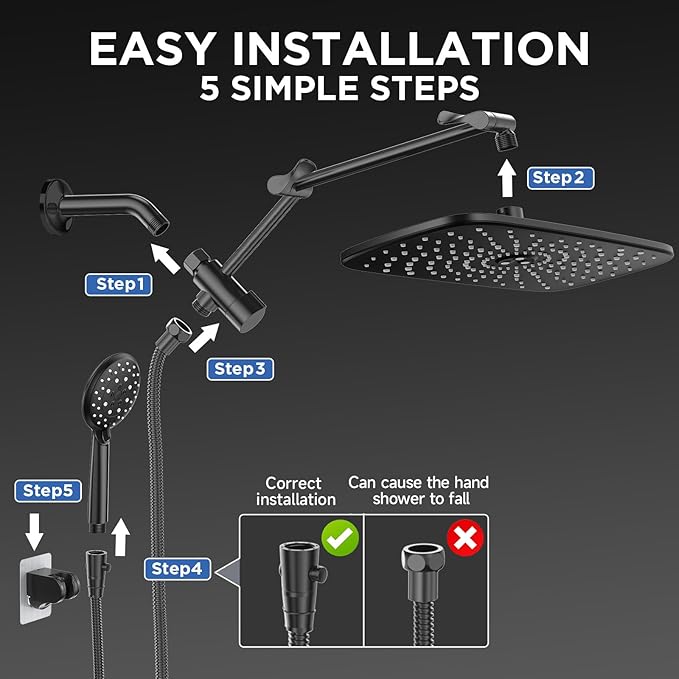 Veken Wide Rain Shower Head with Multi-Modes Handheld Water Spray,High Pressure Showerhead Combo with Arm for Bathroom Accessories,Home Decor Adjustable Dual Shower with Anti-Clog Nozzles,Matte Black