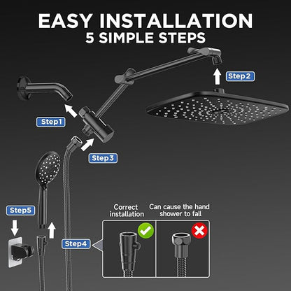 Veken Wide Rain Shower Head with Multi-Modes Handheld Water Spray,High Pressure Showerhead Combo with Arm for Bathroom Accessories,Home Decor Adjustable Dual Shower with Anti-Clog Nozzles,Matte Black