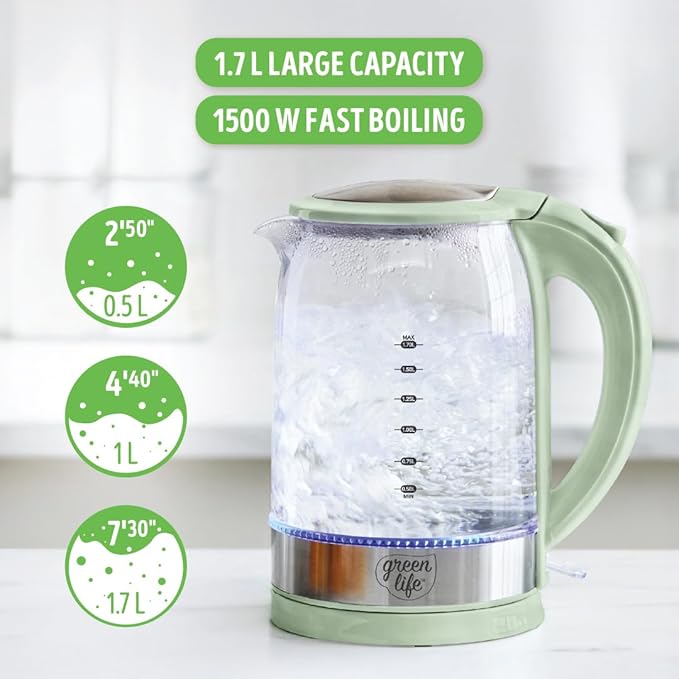 GreenLife 1.7 Liter Glass Electric Kettle, Easy One Touch Use, Quick Heating, Filtered Spout, LED Base, Auto Shut-Off, Cordless Serving, Coffee and Tea, Sage Green