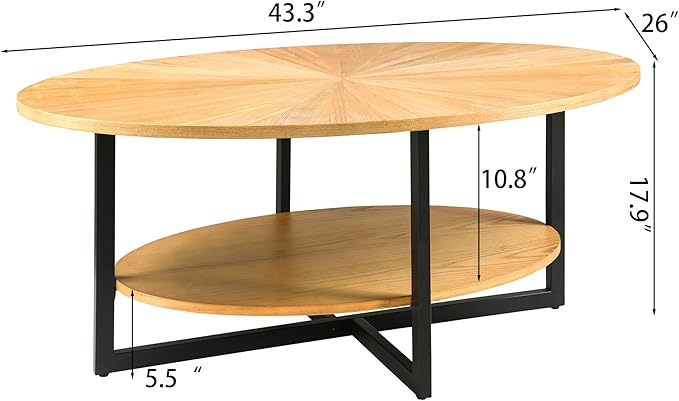 Solid Wood Oval Coffee Table with Cross Metal Legs, 43.3in Modern Industrail Center Table with Open Shelf Cocktail Tea Table for Living Room Bedroom, Natural Wood Color KFZ-1811-OA