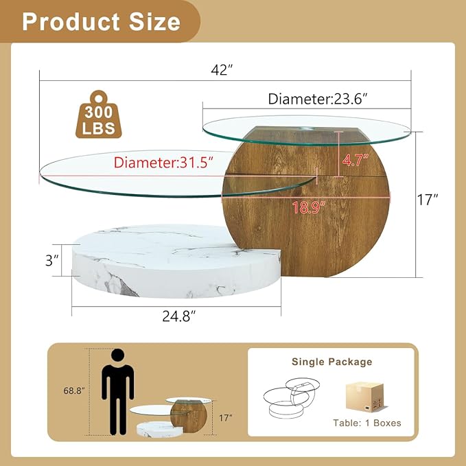 42 Inch Glass Coffee Table，Round Coffee Table with 2-Tier Tempered Glass Tabletop，Easy to Clean Circle Coffee Table with Sturdy Base for Living Room，Office （Brown & White Marble Colored Base）