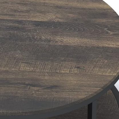 NSdirect 36 inches Round Coffee Table, Rustic Wooden Surface Top & Sturdy Metal Legs Industrial Sofa Table for Living Room Modern Design Home Furniture with Storage Open Shelf(Rustic Brown)