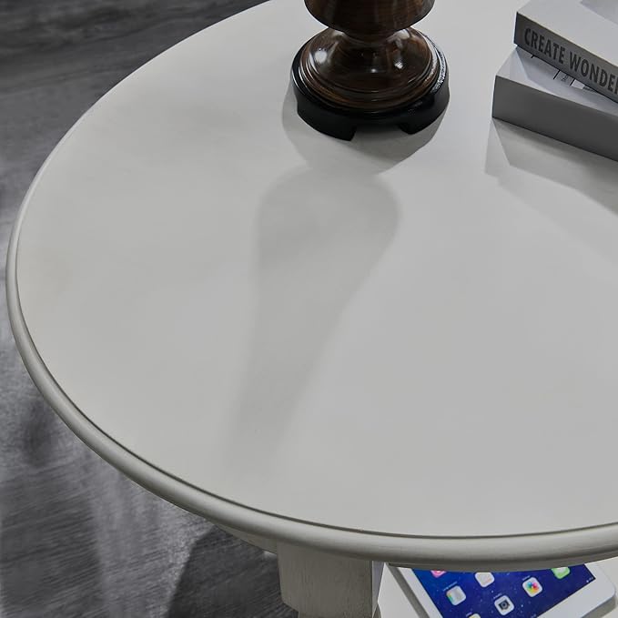 Solid Wood Oval End Table with Drawer and Storage Shelf, 28" Traditional Retro Side Table Polished Edging Sofa Table Bedside Nightstand for Living Room Bedroom Home, Antique White