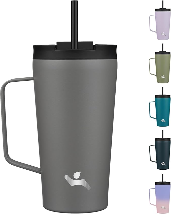 Insulated Tumbler with Handle and Straw, 18 OZ Travel Coffee Mug Stainless Steel Cup Metal Water Bottle,Grey