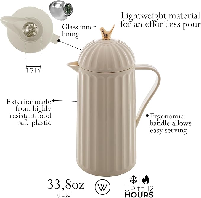 WOLFF 1 Liter White Bird Thermal Coffee Carafe, Plastic Exterior with Glass Lining Insulated Beverage Dispenser for Hot and Cold Drinks, Thermos Bottle for Tea, Water Pitcher - White, 34floz/1L