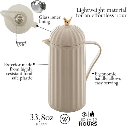 WOLFF 1 Liter White Bird Thermal Coffee Carafe, Plastic Exterior with Glass Lining Insulated Beverage Dispenser for Hot and Cold Drinks, Thermos Bottle for Tea, Water Pitcher - White, 34floz/1L