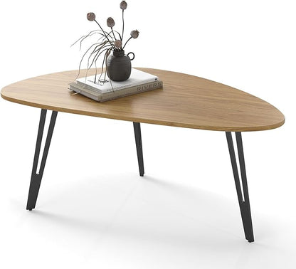 Manora Modern Mid Century Coffee Table, Oval Triangle Wood Center Table with Sturdy Metal Legs, Stylish Living Room Accent Table for Small Spaces