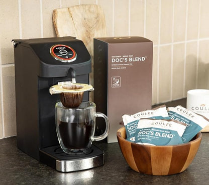 Coulée EcoPour Doc's Blend Coffee, Single Serve Pour Over Arabic Coffee, Dark Roast, Use for Camping or Traveling, Pre Filled Compostable Filters, Ready to Brew with Hot Water, 20 Pack