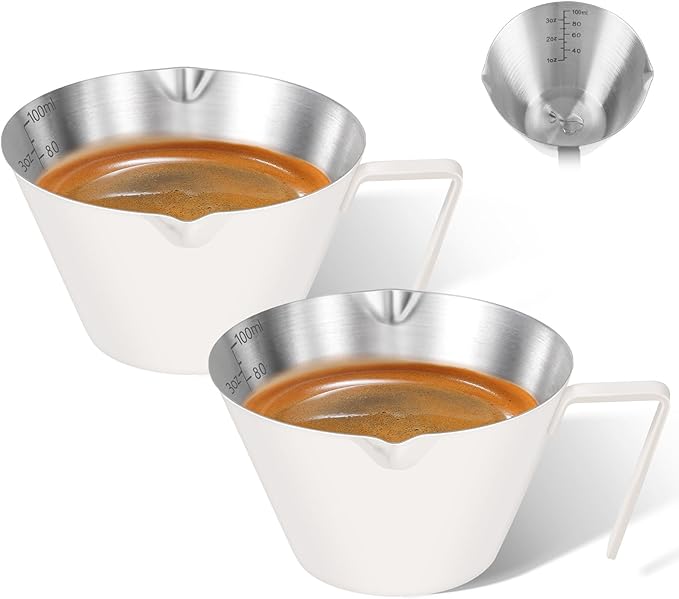 2 Pcs Espresso Cups with Handle, Stainless Steel Espresso Accessories, Double Spout Metal Measuring Cup with Dual Scale, Espresso Shot Cup with V-Shaped Mouth, 3.4OZ/100ML(White)