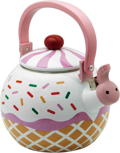 UPware Enamel on Steel Whistling Tea Kettle, Stovetop Teakettle (1.7 Quart, Strawberry Cupcake)