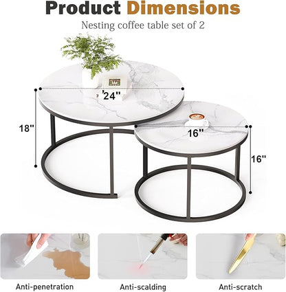 Round Nesting Coffee Table, White Modern Decorative Coffee Center Table Set of 2,Round Sintered Stone 24'' Coffee Table for Living Room with Sturdy Metal Frame.