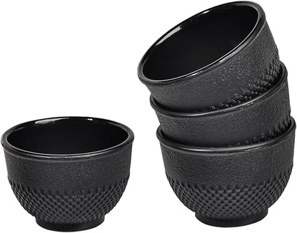 Sungmor Cast Iron Black Teacups, Set of 4 & 5 oz - Japanese Tea Cups with Enamel Interior, Traditional Gongfu Tea Set, Durable Heat-Retaining Tetsubin Style Drinkware