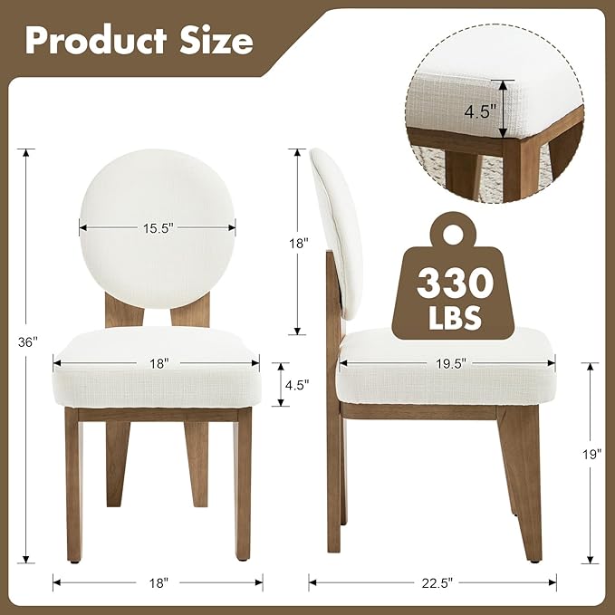 Mid-Century Modern Walnut Dining Chairs Set of 4, Vintage White Wooden Kitchen Chairs, Retro Upholstered Linen Cushioned Seat with Curved Backrest, Armless Accent Side Chair for Bedroom