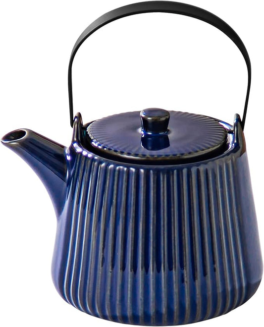 Yundu Deep Blue Ceramic Teapots, 1000ml/33.8oz Tea Kettle, Enough for 4 Cups, Tea pot with infusers for loose tea, Striped Tea Pot with Removable Tea infuser