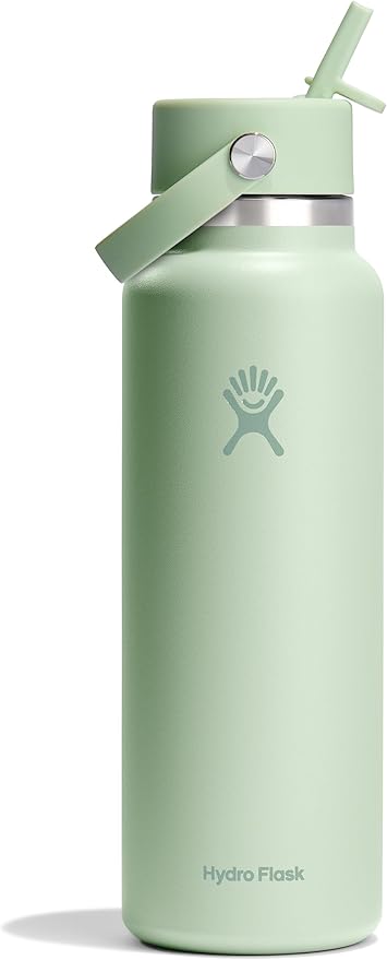 Hydro Flask Water Bottle - Insulated Stainless Steel - Wide Mouth Flex Straw Lid, Non Spill, Leakproof and Refillable in 40 Oz Aloe Green