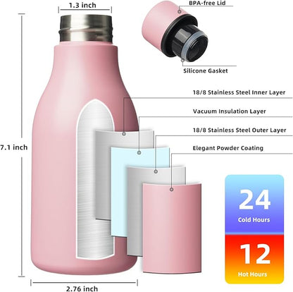 BJPKPK Insulated Water Bottles, 12oz Stainless Steel Metal Water Bottle with Strap, BPA Free Leak Proof Jugs, Mugs, Flasks, Reusable Thermal Flasks for Sports & Travel, Light Pink