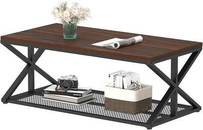 IBF Walnut Coffee Table with Storage, Industrial Wood Metal Rectangle Living Room Table, Vintage 2 Tier Middle Center Table with Mesh Shelf, Walnut, 47 inch