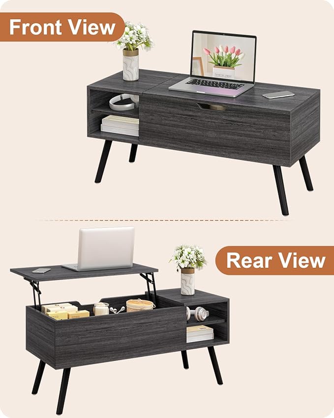 ALINE FURNITURE Gray Coffee Table Lift Top - Dark Grey Coffee Table with Solid Wood Legs, Hidden Storage Compartment & Open Shelves - 40" Rectangle Coffee Tables for Living Room