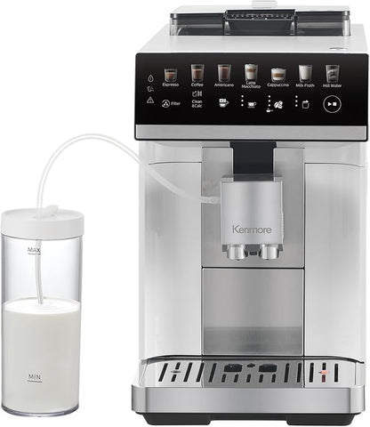 Kenmore Fully Automatic Coffee Maker - with Grinder, Milk Frother & Steamer, Auto Tamper, Descaler Expresso Machine, cafeteras electricas modernas machines For Home/Office White