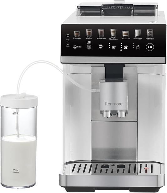 Kenmore Fully Automatic Coffee Maker - with Grinder, Milk Frother & Steamer, Auto Tamper, Descaler Expresso Machine, cafeteras electricas modernas machines For Home/Office White