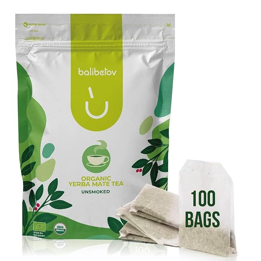 BALIBETOV Organic Unsmoked Yerba Mate Tea Bags – 100 Count, Traditional Cut, Clean Natural Energy, Gluten-Free & Vegan, Enjoy Hot or Cold