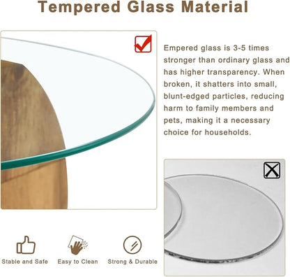 35 Inch Glass Coffee Table，Round Coffee Table with 2-Tier Tempered Glass Tabletop，Easy to Clean Circle Coffee Table with Sturdy Base for Living Room，Office （Brown Colored Base）