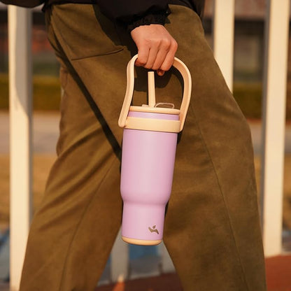 30 oz Tumbler with Side Handle, Insulated Water Bottle with Straw and 2 in 1 Lid, Stainless Steel Cup Travel Coffee Mug for Sports Office Gym,Yellow