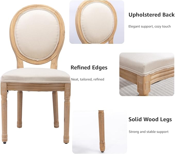 French Country Dining Chairs Set of 4, Beige Round Back Dining Chairs with Linen Upholstered Seat, Solid Wood Legs, Farmhouse Kitchen & Dining Room Chairs, Sillas De Comedor (Beige, 4Pcs)