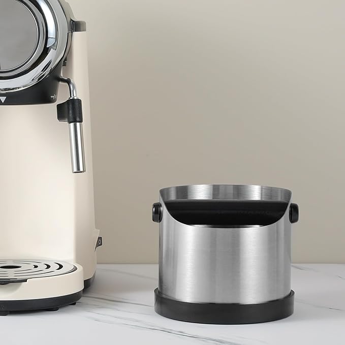 Coffee Grounds Knock Box, Small Stainless Steel Espresso Coffee Knock Box, Coffee Grind Knock Out Box with Removable Knock Bar and Coffee Brush, Coffee Grounds Container with Non-Slip Base