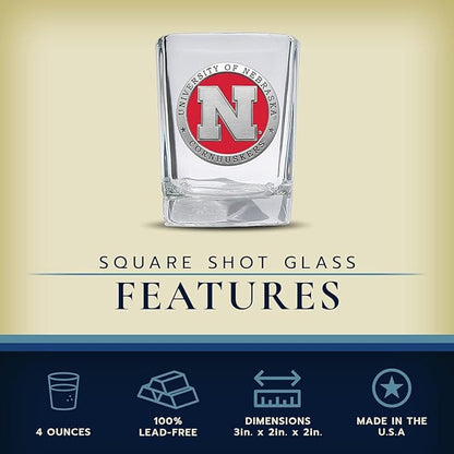Heritage Pewter Nebraska Square Shot Glass | Hand-Sculpted 1.5 Ounce Shot Glass | Intricately Crafted Metal Pewter Alma Mater Inlay